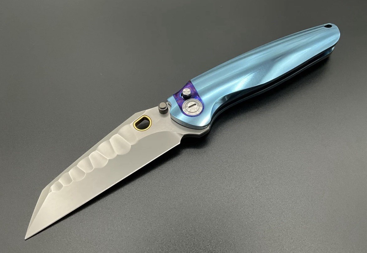 Ketuo Knife •Dirty Bird• Button Lock Blue Titanium Handle + Mokuti Inlays & M390
