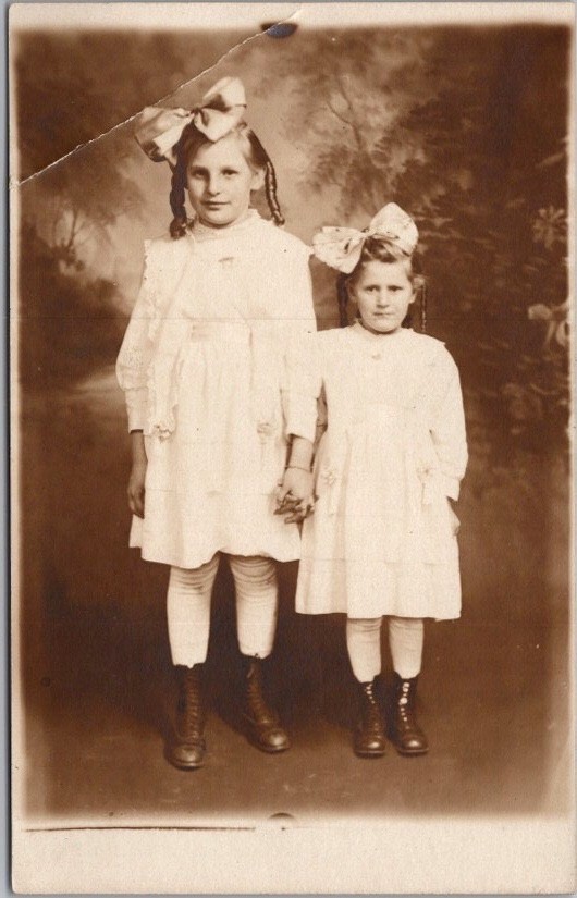 1910s COLUMBUS Ohio Studio Photo RPPC Postcard 2 Girls in Matching White Outfits