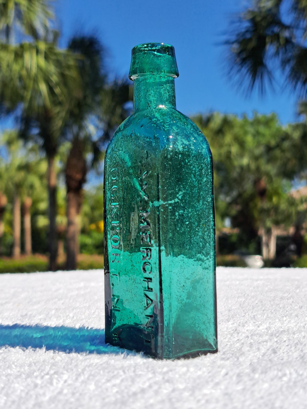 TUMBLED - 1860\'S ANTIQUE G.W. MERCHANT CHEMIST BOTTLE, LOCKPORT, N.Y.  5\