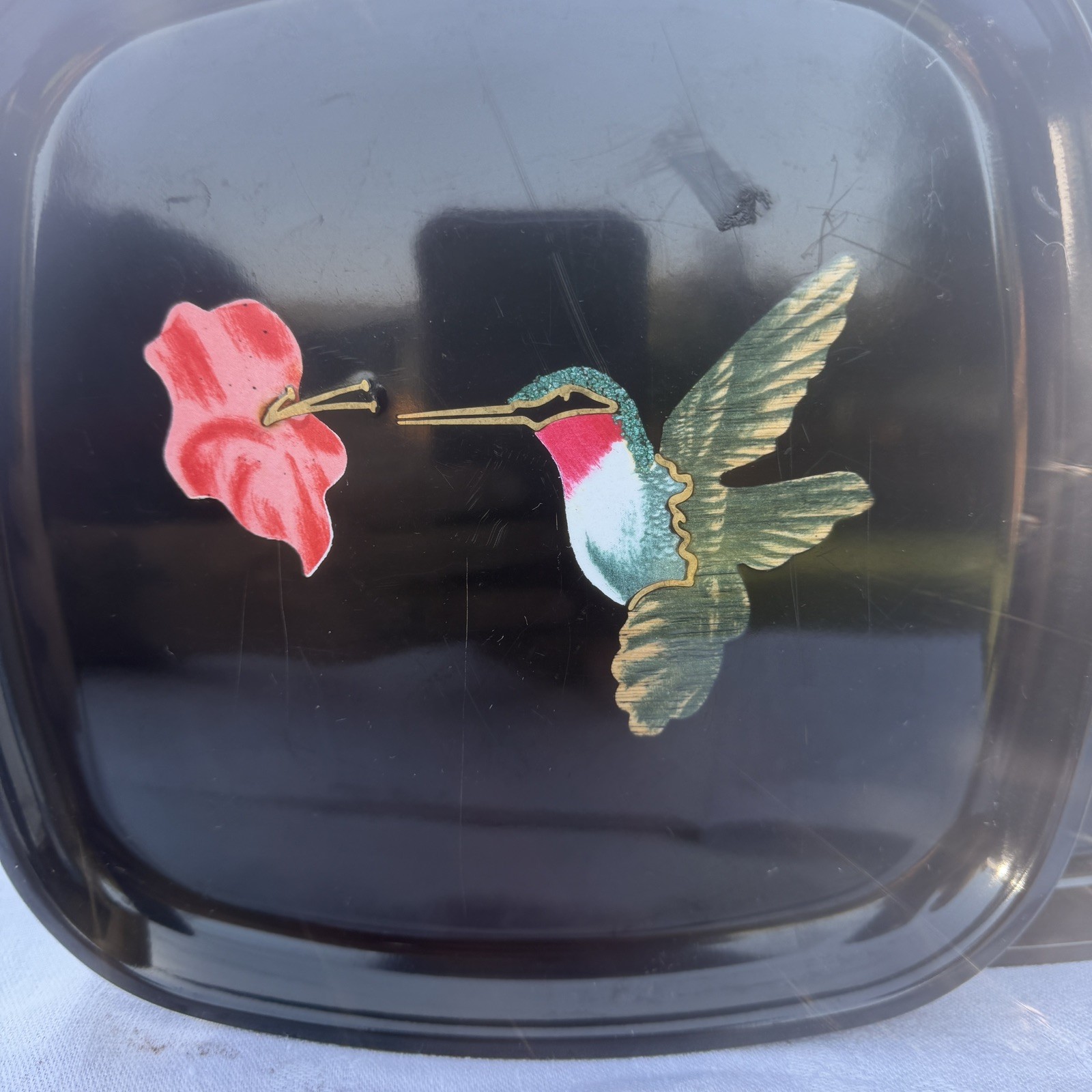 Vintage Hummingbird Couroc of Monterey tray  Inlaid Black 8 1/2x8 8 1/2” rounded
