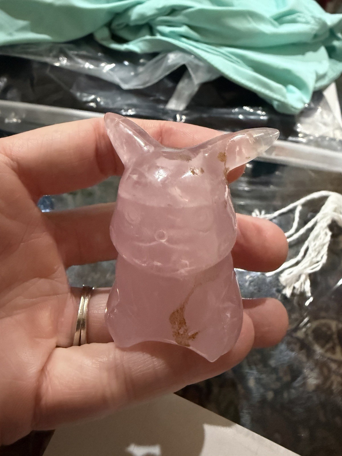 75g Rose Quartz Pikachu Carving Polished Crystal Healing Stone Art Decor
