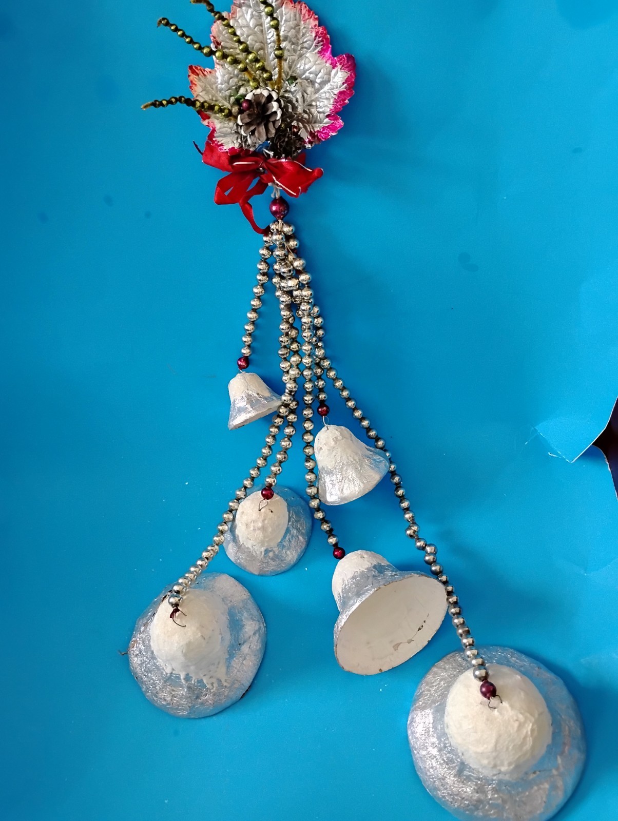 VTG Big Mercury Glass Bead Garland 6 Foil  Bell Christmas Hanging Ornament Japan