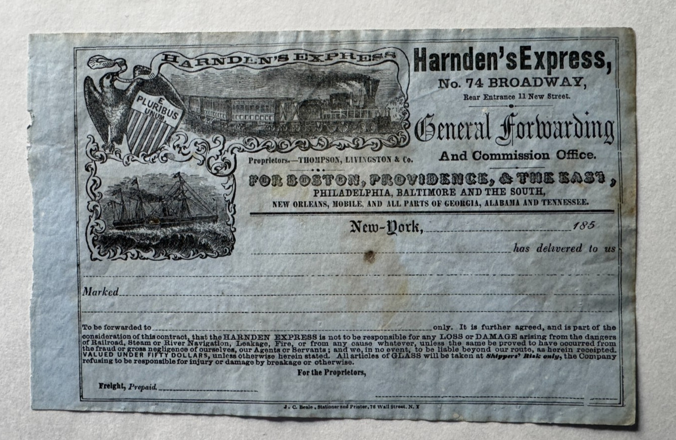 Vintage 1850s Blank Harnden's Express Freight Receipt 74 Broadway NY vignettes