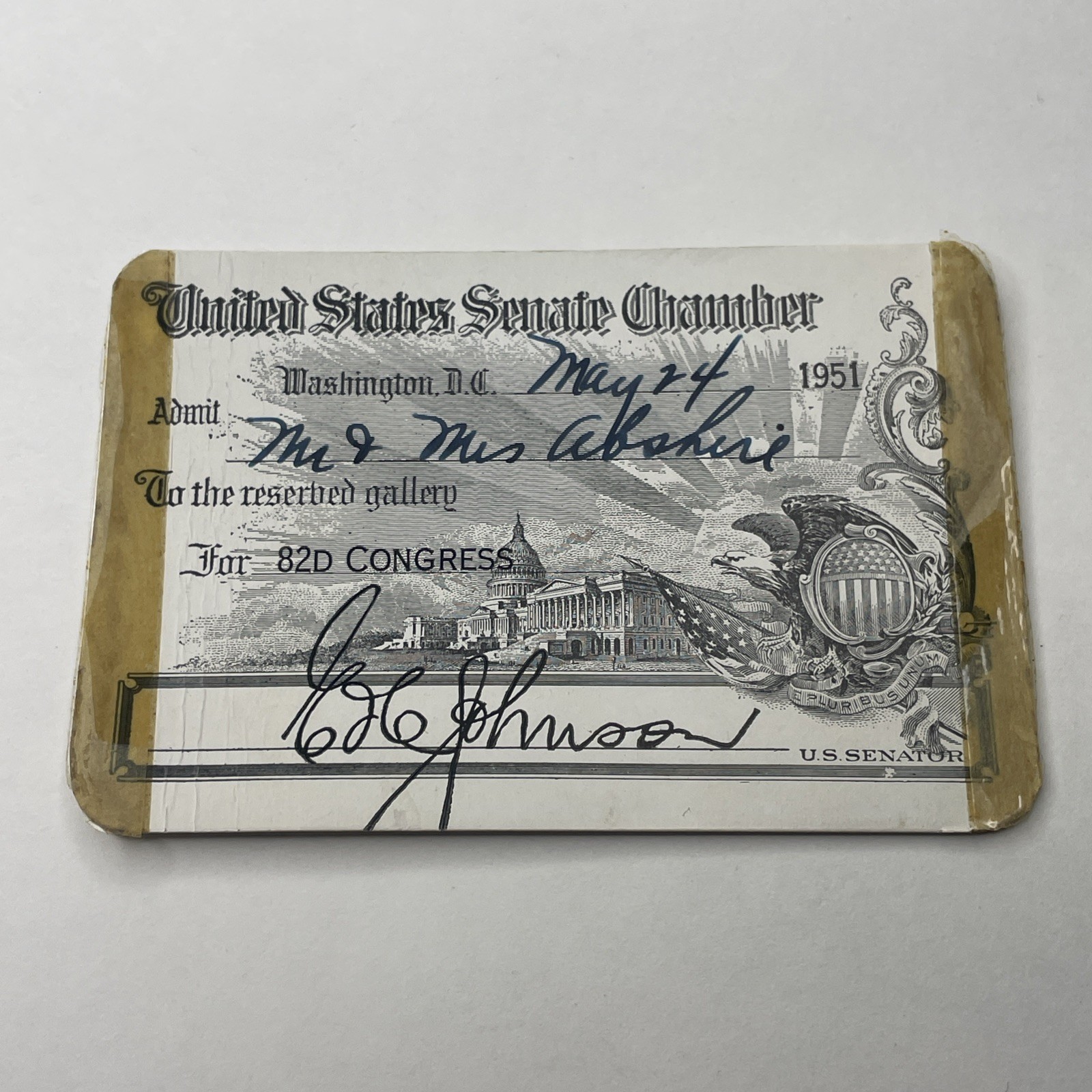 LYNDON B JOHNSON - AUTOGRAPHED SIGNED UNITED STATES SENATE CHAMBER PASS 1951