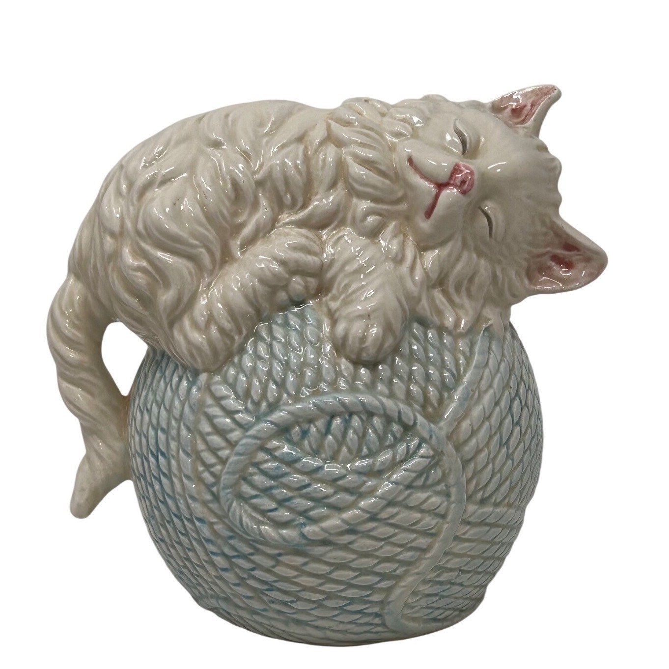 Vintage Ceramic Cat on Ball of Yarn Piggy Bank Made in Japan White Blue 5