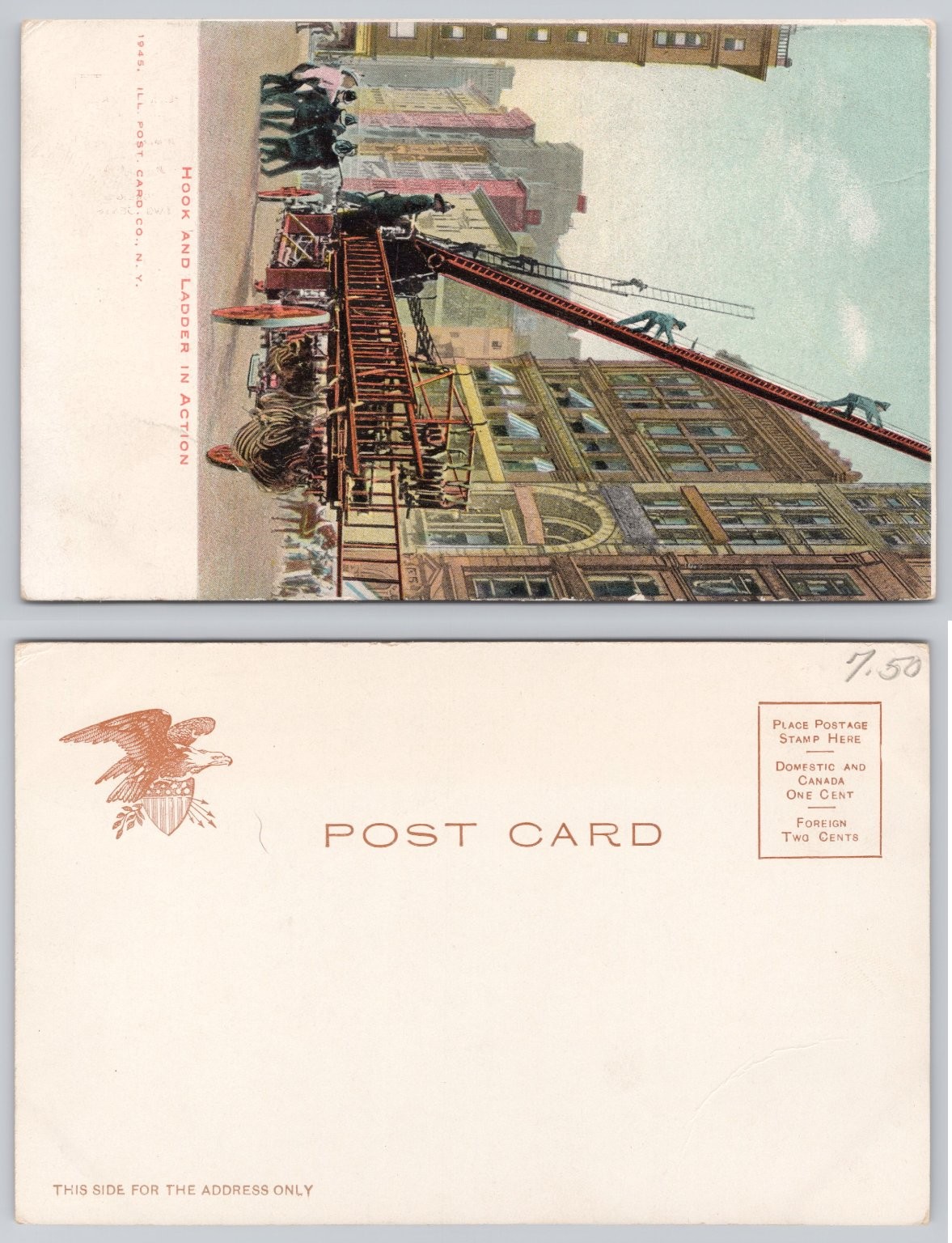 Vintage Hook & Ladder Firefighters Action Postcard, ILL. POST CARD CO. N.Y.