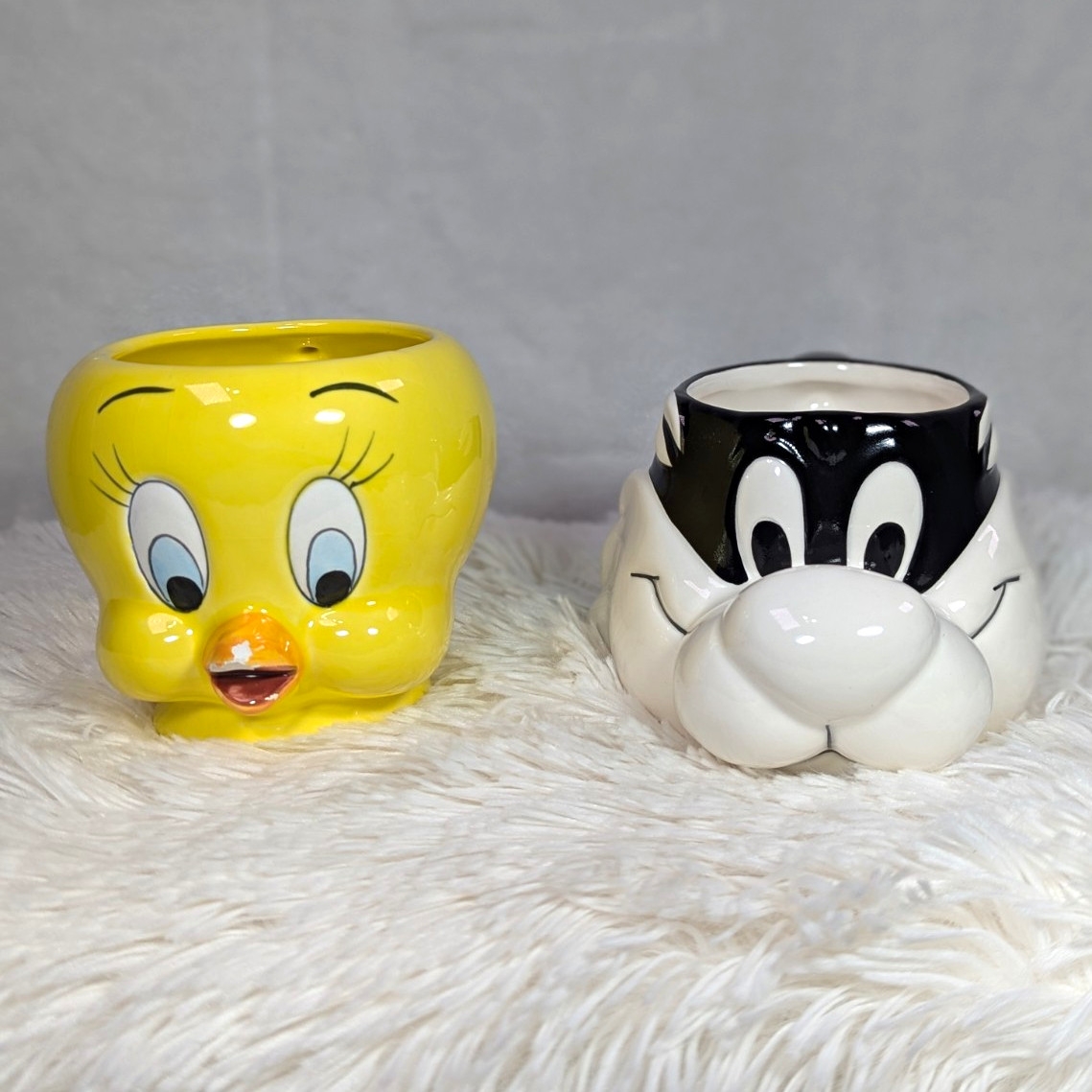 Vintage 1989 Looney Tunes Ceramic Mug Set - RARE White Nose Sylvester & Tweety