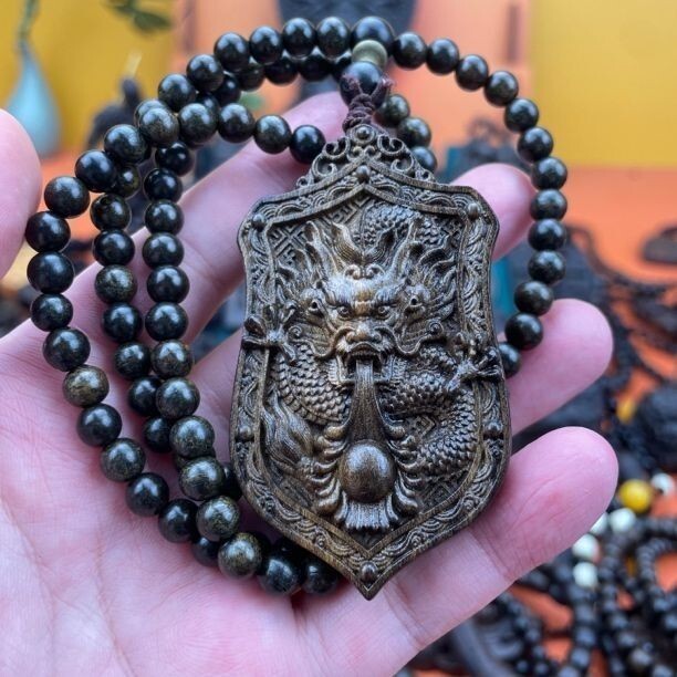 6mm*108 Beads Necklace Natural Agarwood Prayer Beads Dragon Carved Lucky Pandent
