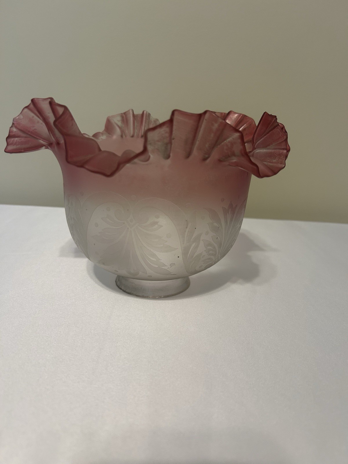 Cranberry Opalescent Glass Lamp Shade Ruffled Edge Etched Floral Victorian