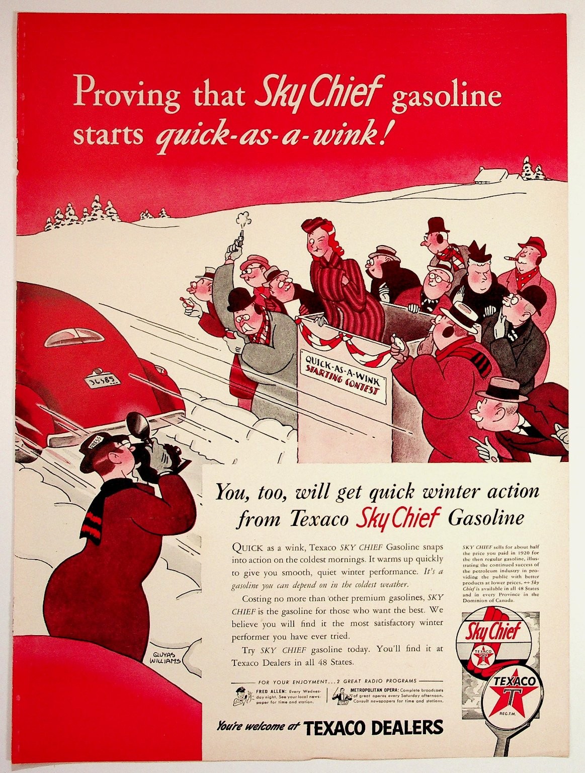 Vintage 1940s Texaco Sky Chief Gasoline Ad Guyas Williams Art Winter Scene Vintage 1940s Texaco Sky Chief Gasoline Ad Guyas Williams Art Winter Scene