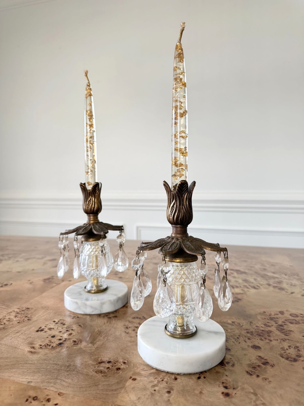 Vintage Oberglas Austrian Crystal Candlesticks with Italian Marble, Pair Vintage Oberglas Austrian Crystal Candlesticks with Italian Marble, Pair