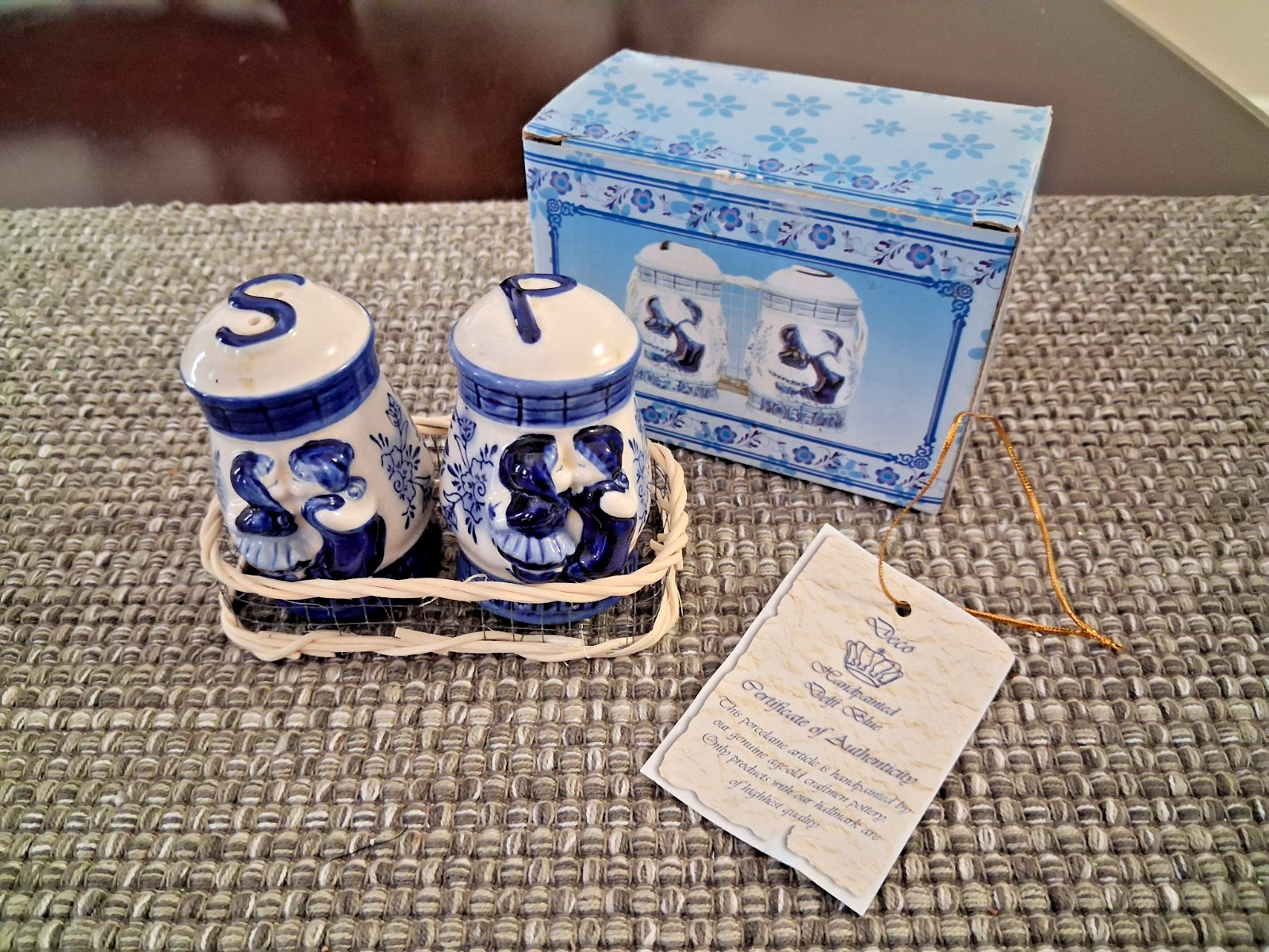 Vintage Holland Dutch Boy & Girl Hand Painted Salt & Pepper Shakers with Basket