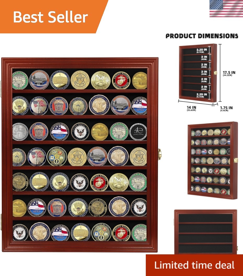 Elegant Wall-Mount Military Challenge Coin Display Case in Mahogany Finish Elegant Wall-Mount Military Challenge Coin Display Case in Mahogany Finish
