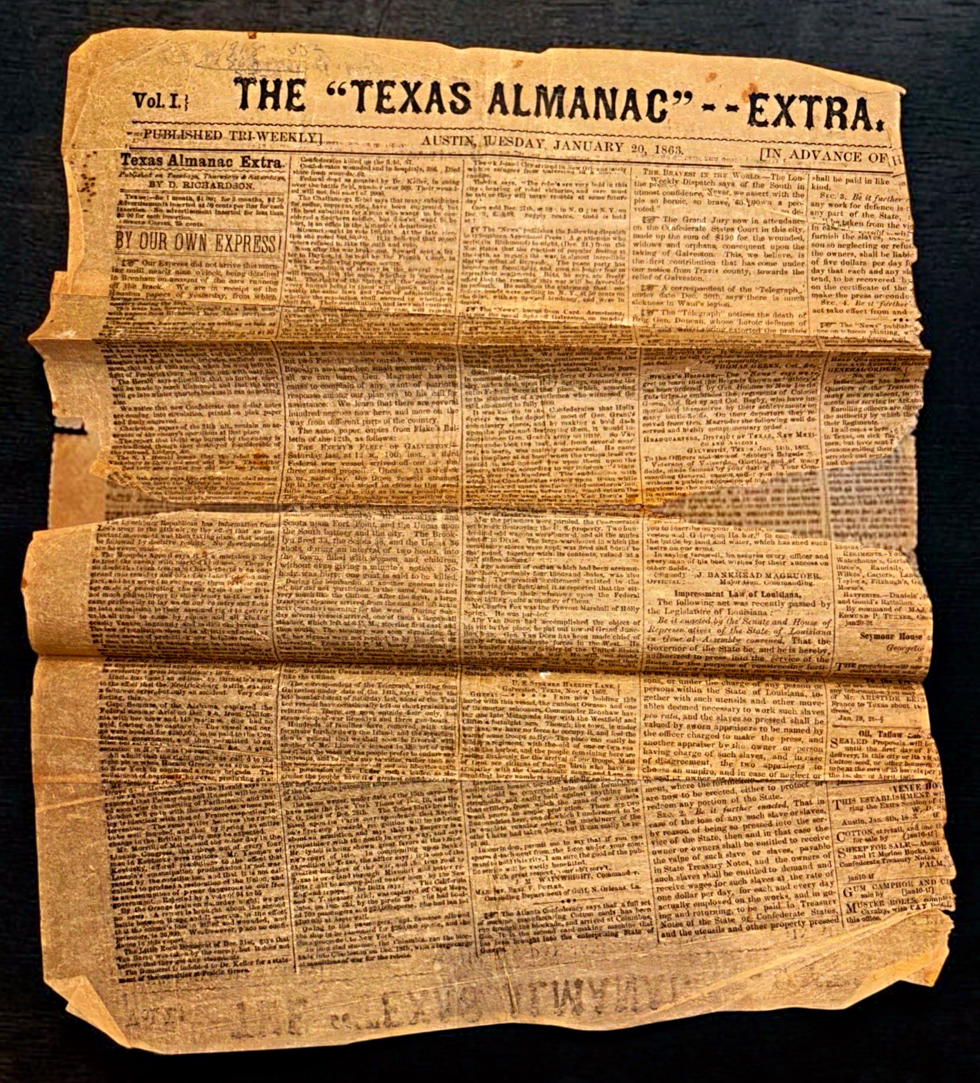 The Texas Almanac Extra Austin Tuesday January 20 1863 Vol. II Newspaper