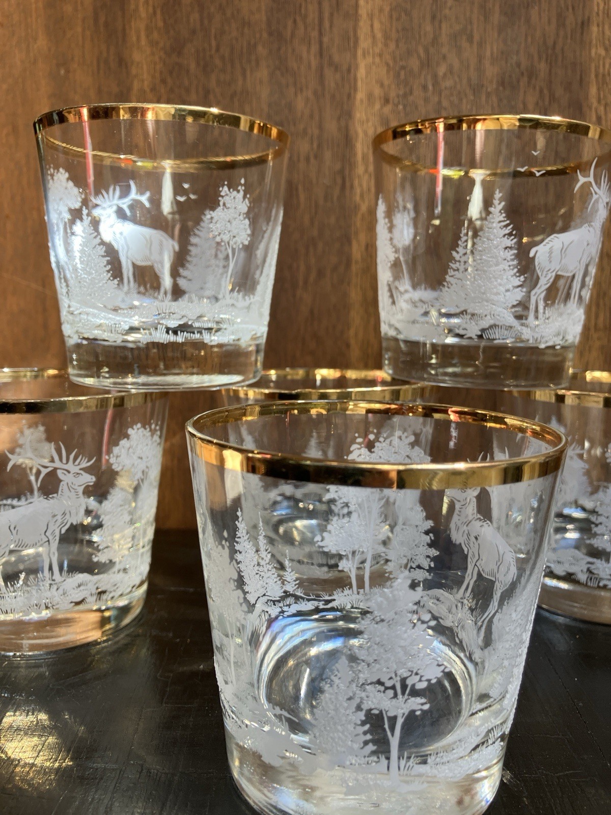 Vtg  RARE Libbey Winter Wonderland Snowy Forest Glasses Gold Rim Deer Elk (6)
