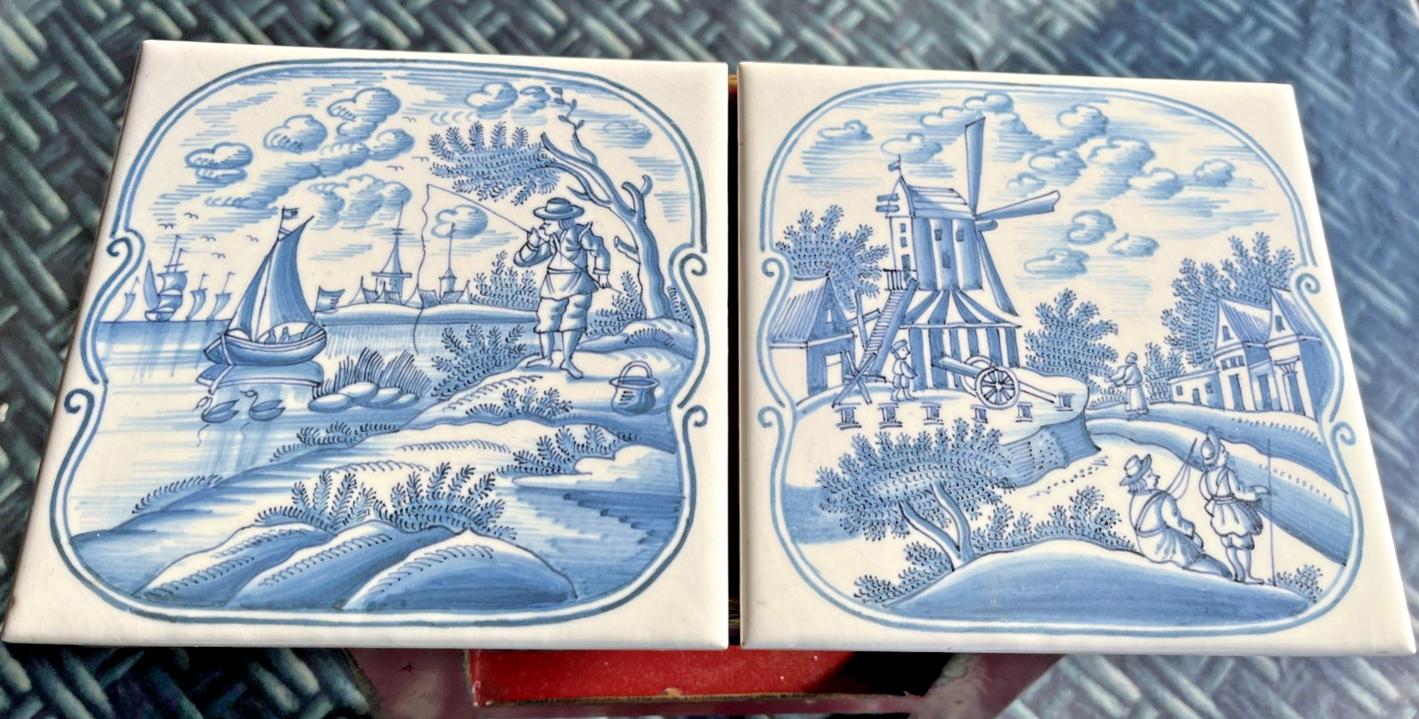 VTG Moscow USSR Hand-Painted Delft Blue Ceramic Art Tiles (2) Signed Mitskevich