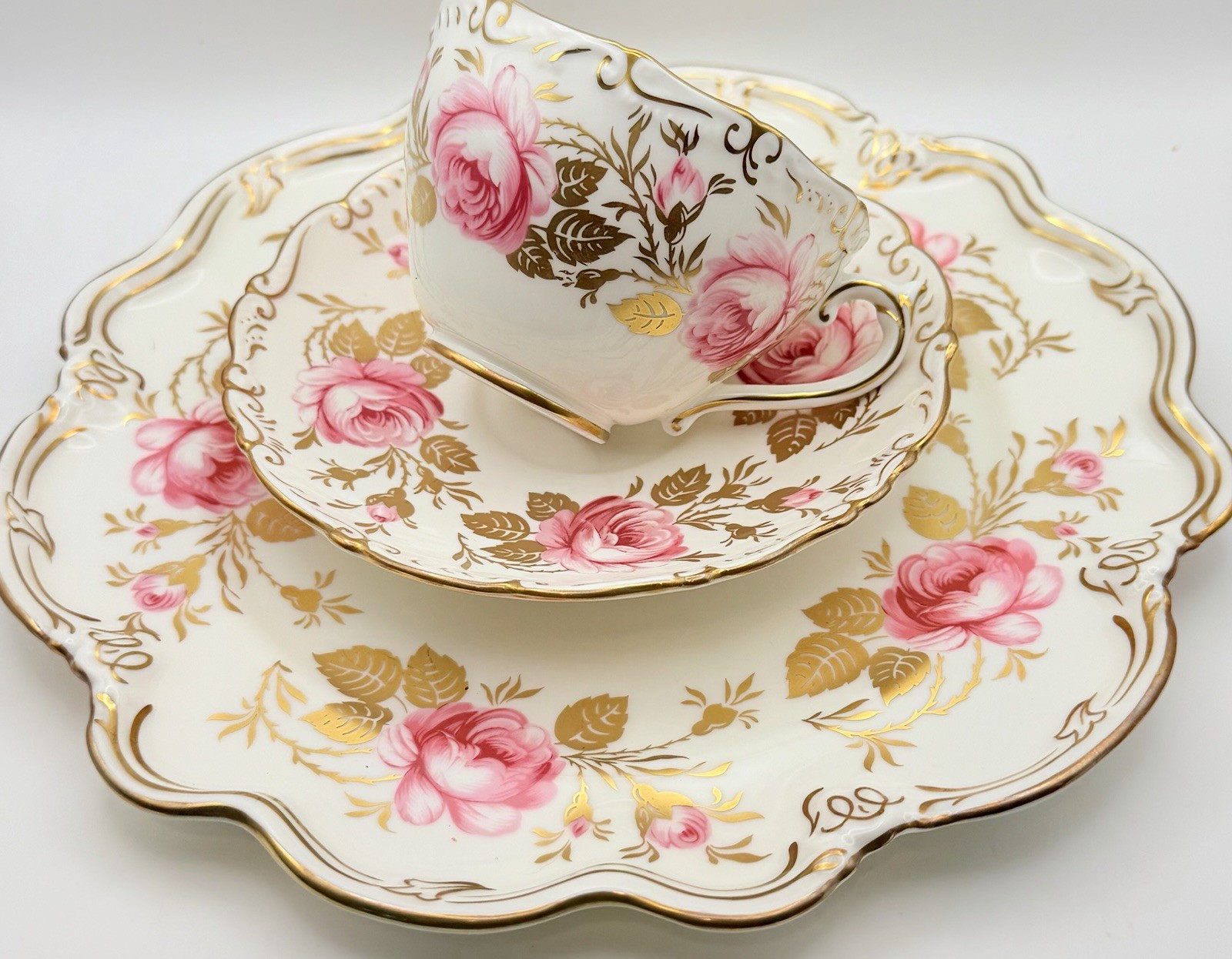 Vintage Coalport Pink Cabbage Rose Heavy Gold Cup Saucer & Plate; Teacup England