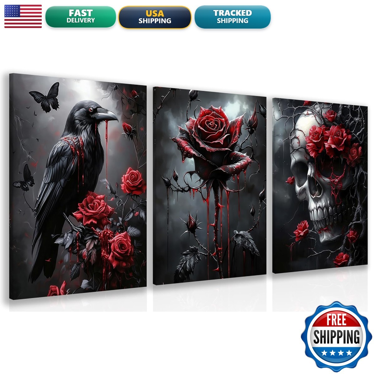 Hianan Wrapped Canvas Dark Goth Crow Rose Skull Wall Art Set Of 3, 16x24 In