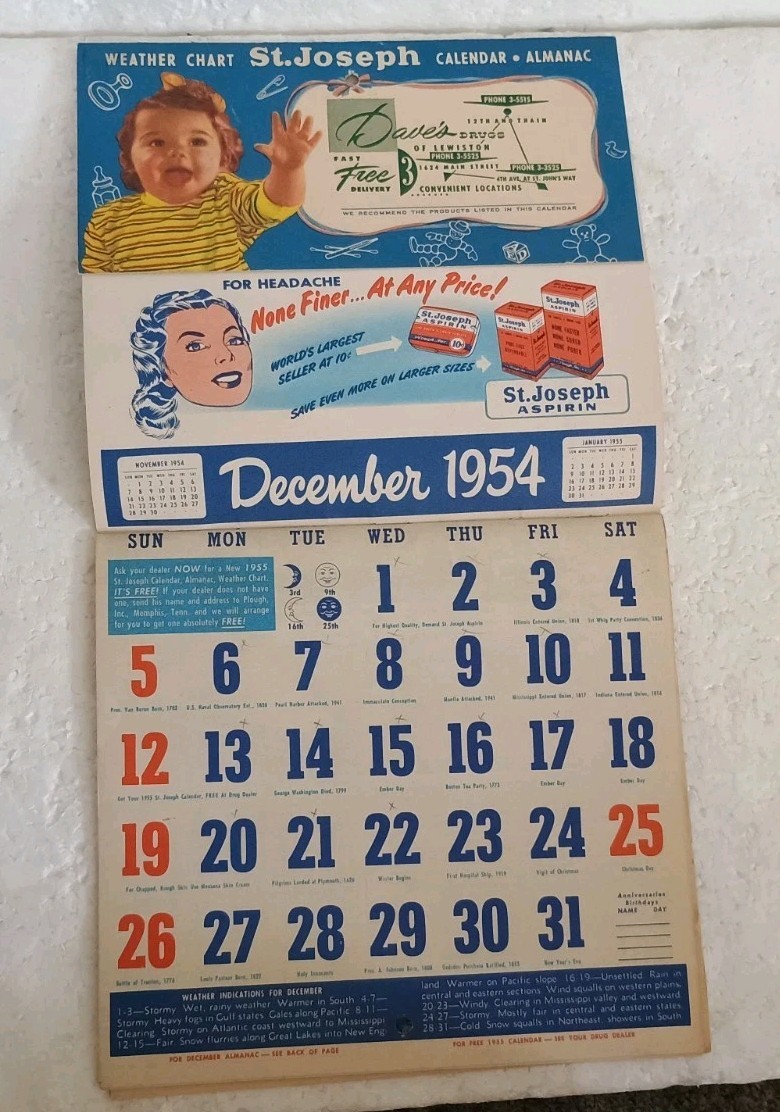 Vintage 1954 Calendar Almanac Dave's Drugs Lewiston Idaho Pharmacy St Joseph’s