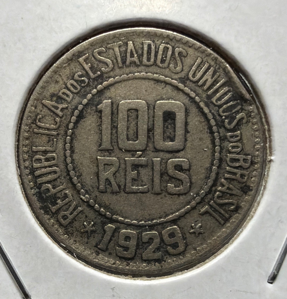 1929 Brazil 100  Reis Copper Nickel Coin - 21.3MM-KM#518