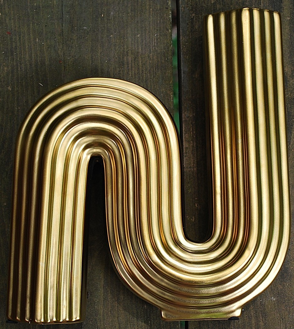 Vintage GOLD METALLIC RIBBED BENT S SHAPE Ceramic Vase Nordic/Deco Style 11\