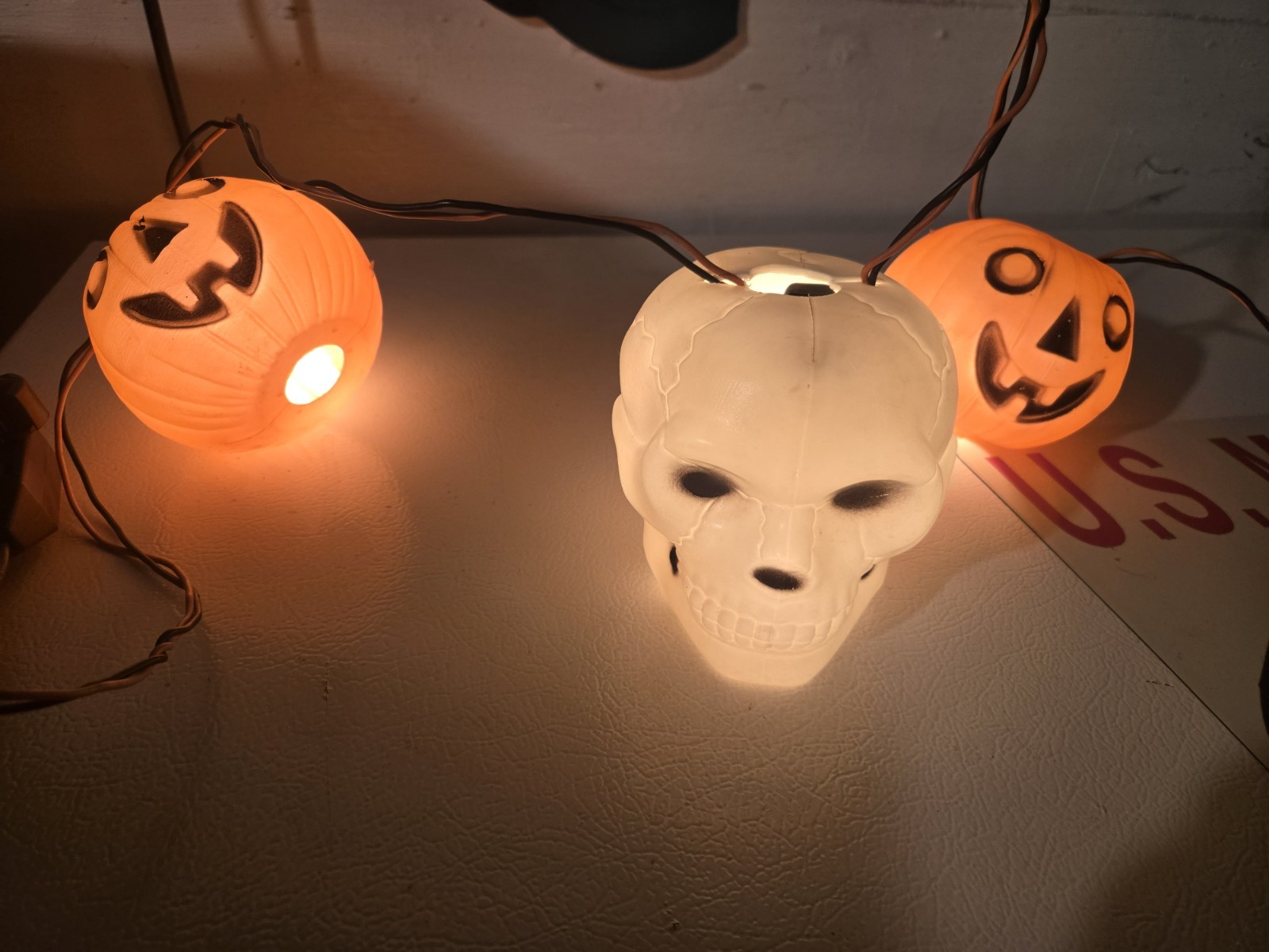 VTG Set of RARE Peerless JOL & SKULL Halloween Blow Mold String Lights - Working