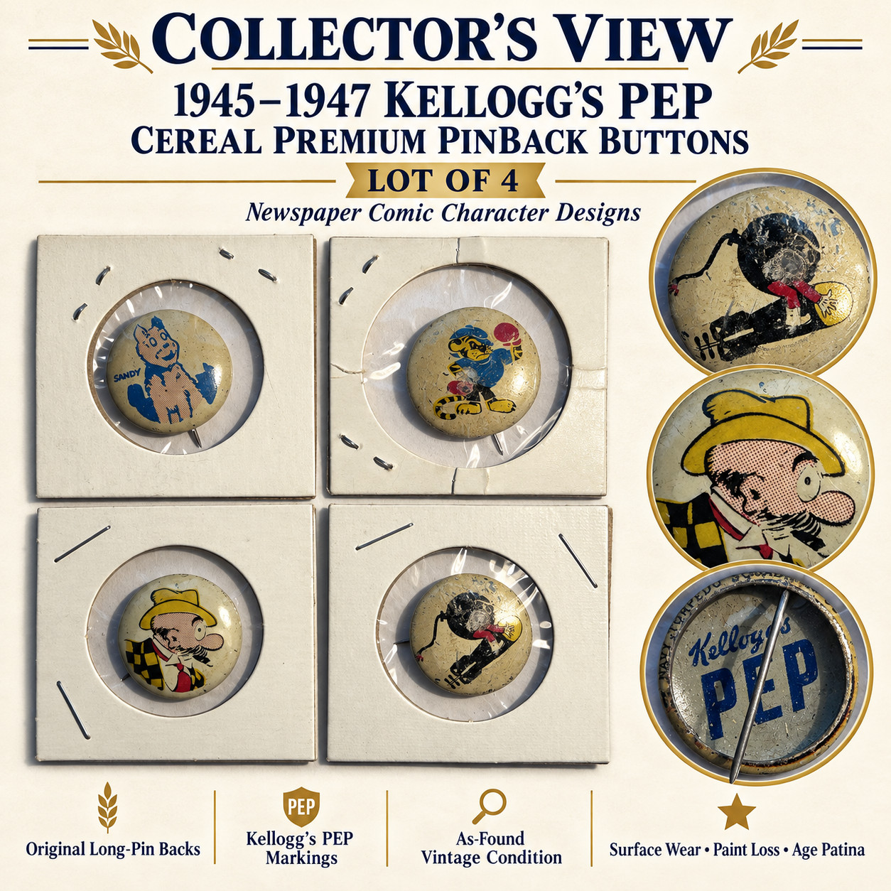 1945-47 Kellogg’s PEP Cereal Premium Pinback Lot of 4 Comic Characters Sandy