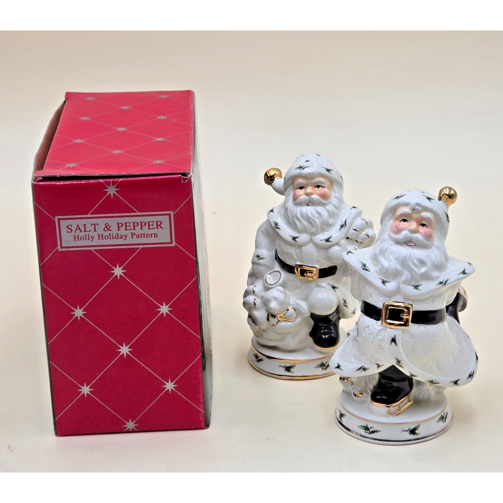Holly Holiday Santa Ceramic Salt & Pepper Shakers Gold Trim Home Vintage 1999