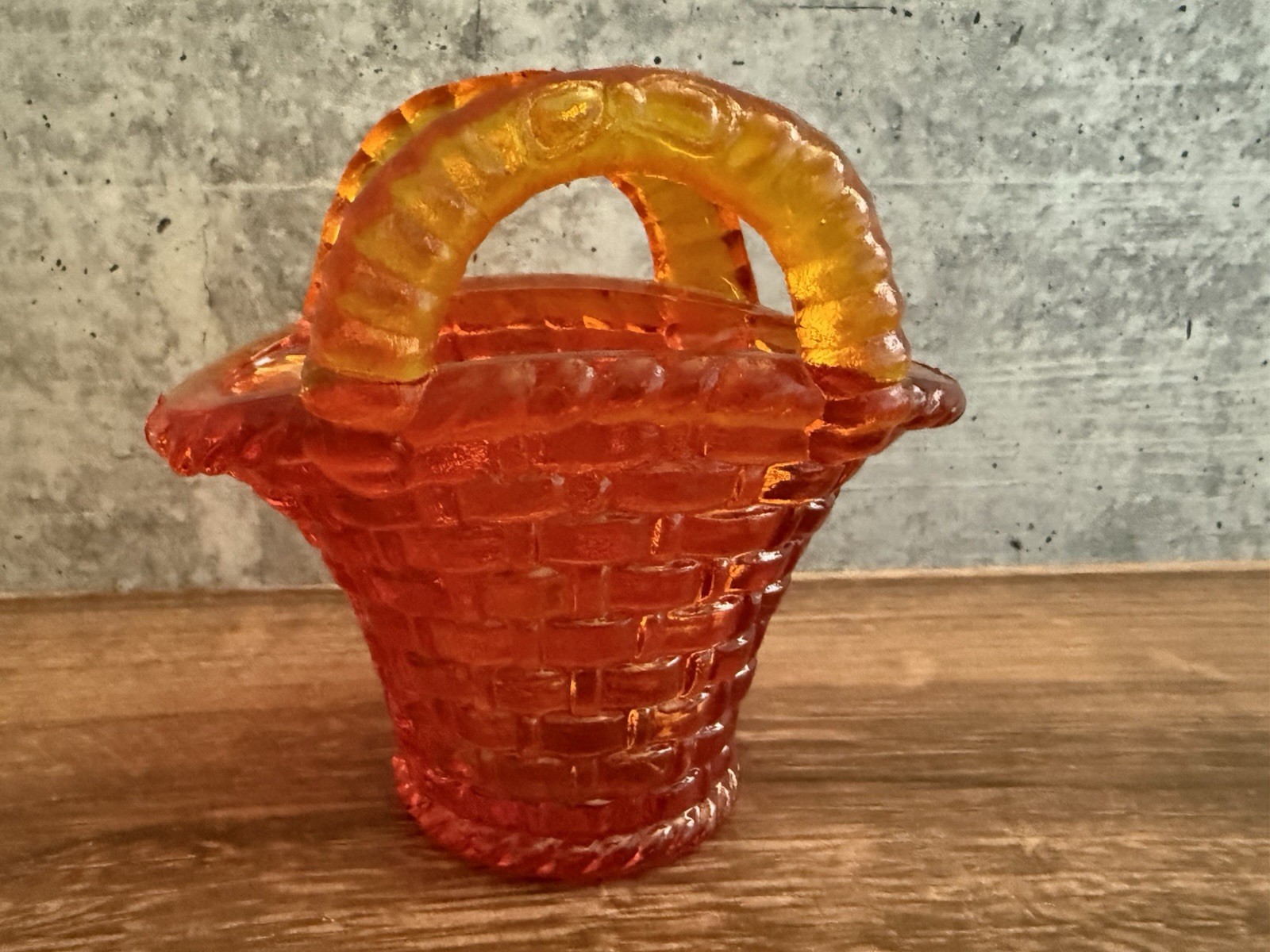 Vintage Small Amberina Glass Basket Two Handles Basketweave Pattern