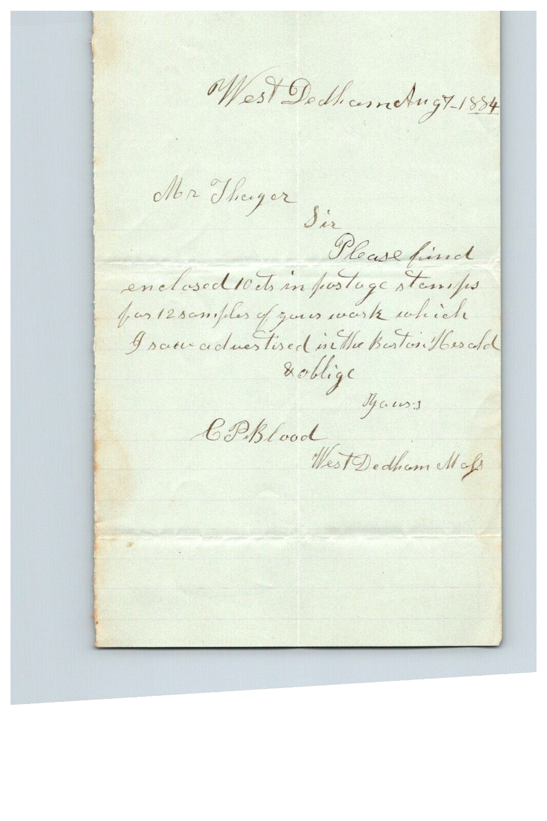 1884 Handwritten Letter C P Blood West Dedham MA Massachusetts Genealogy History