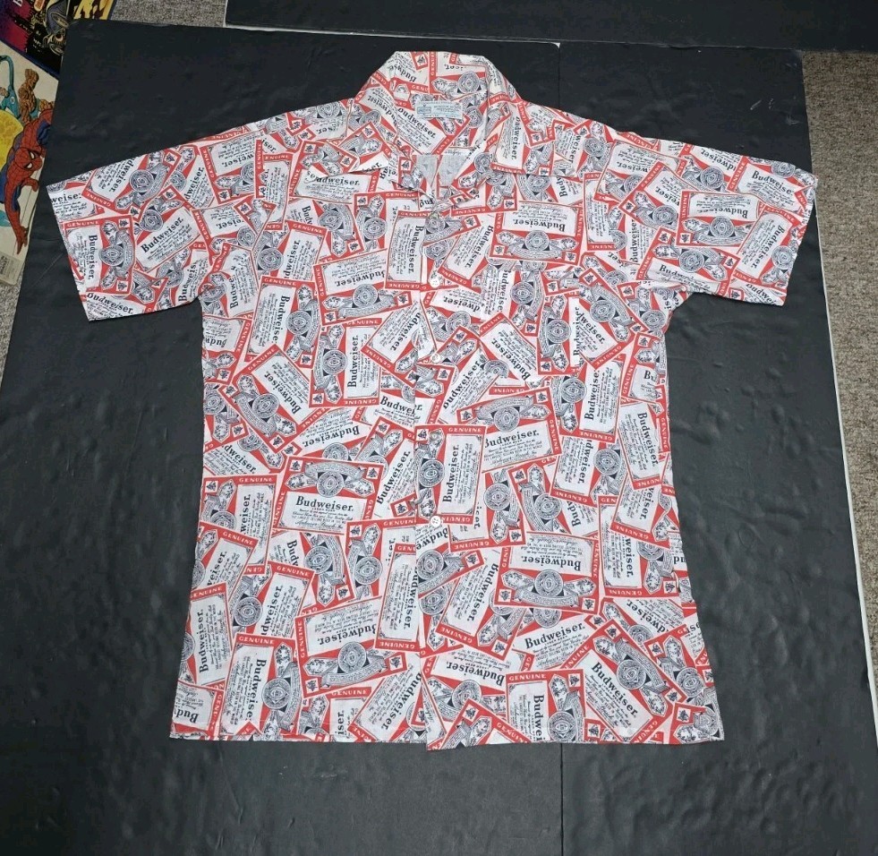 Vintage 70’s Budweiser All Over Print Beer Button Up Shirt Kmart Anheuser Bush 