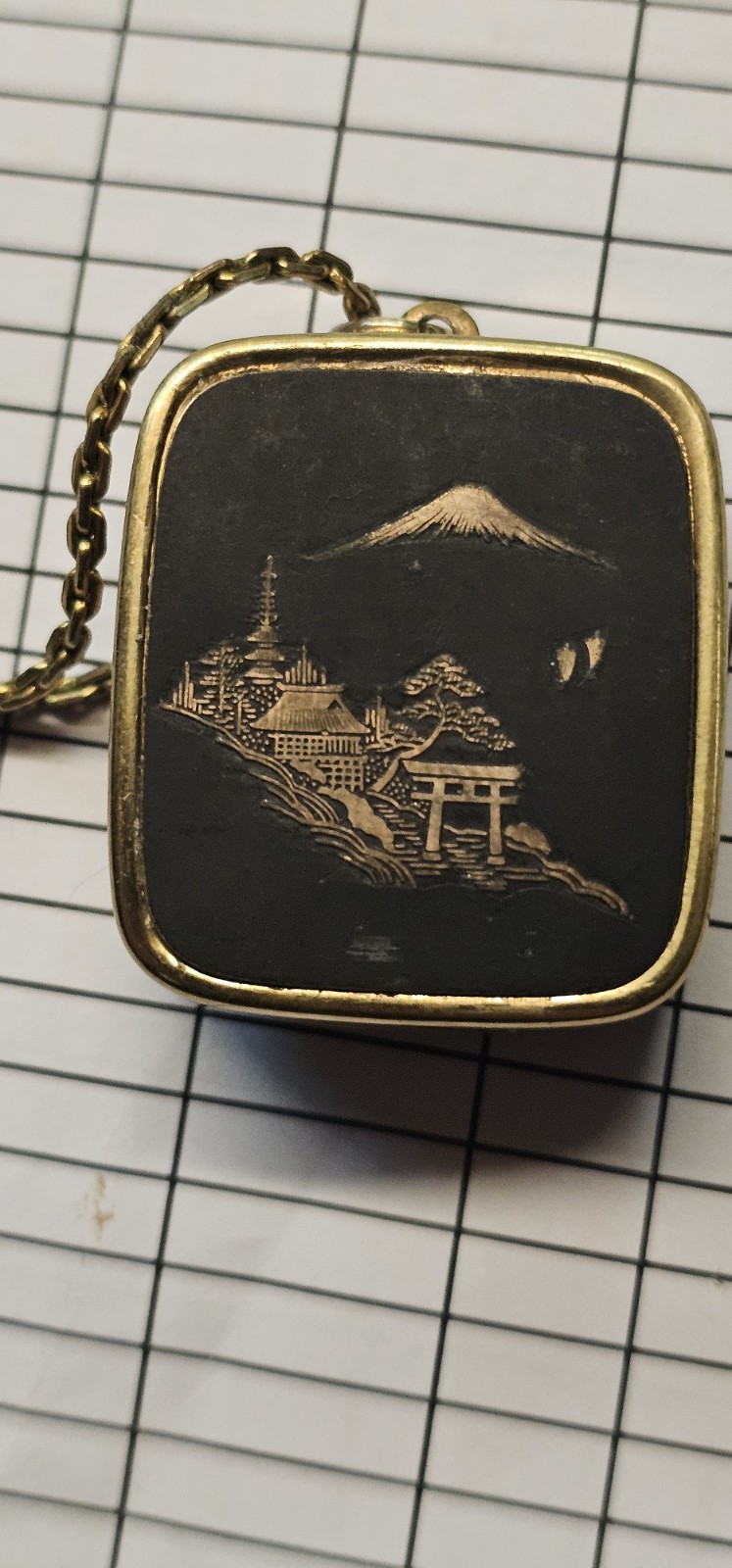 Vintage Sanyo Music Box Keychain Mount Fugi Engraved Clover