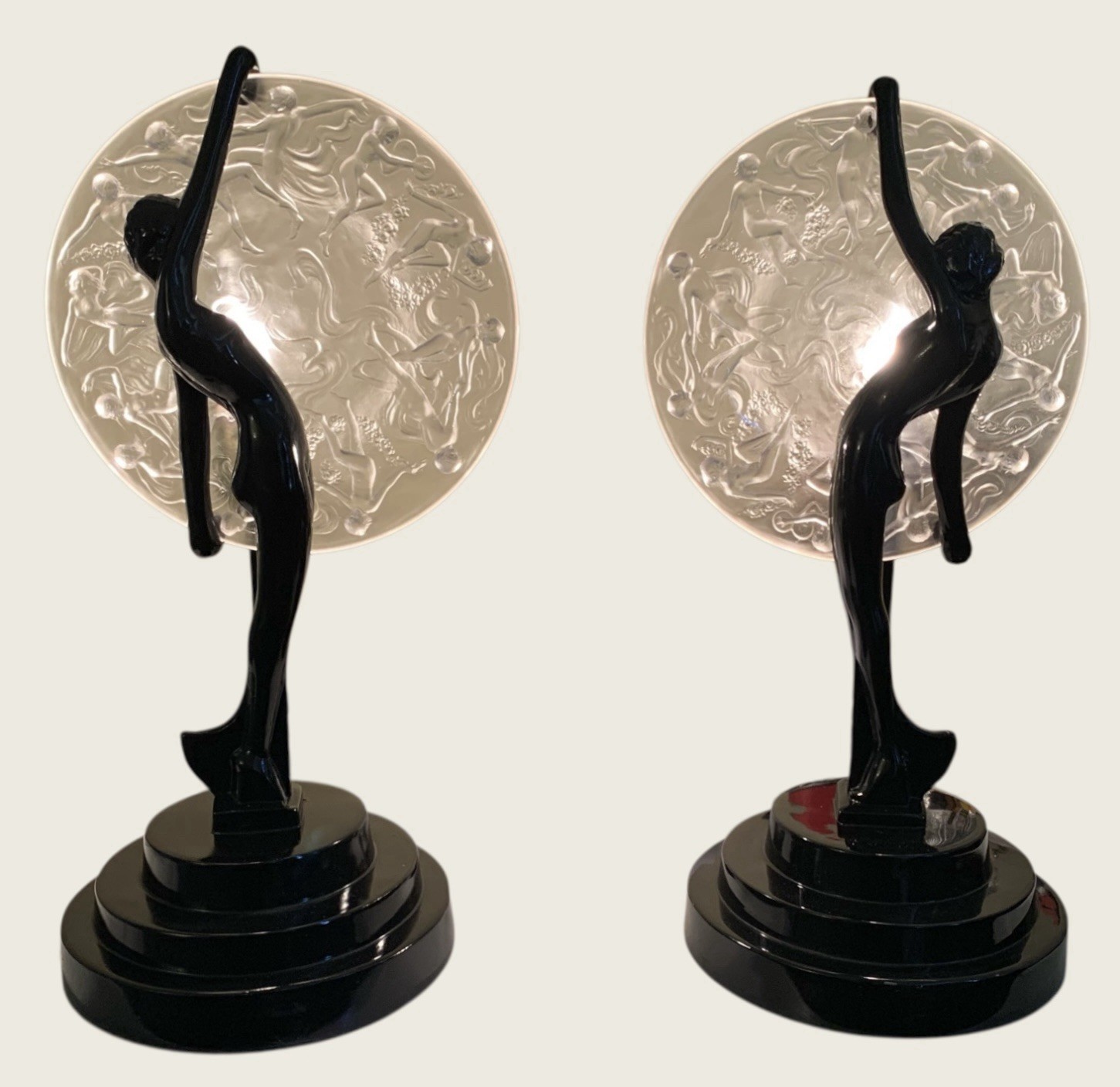 Pair Art Deco Frankart Nude with Consolidated Glass Moon Lamps by Sarsaparilla