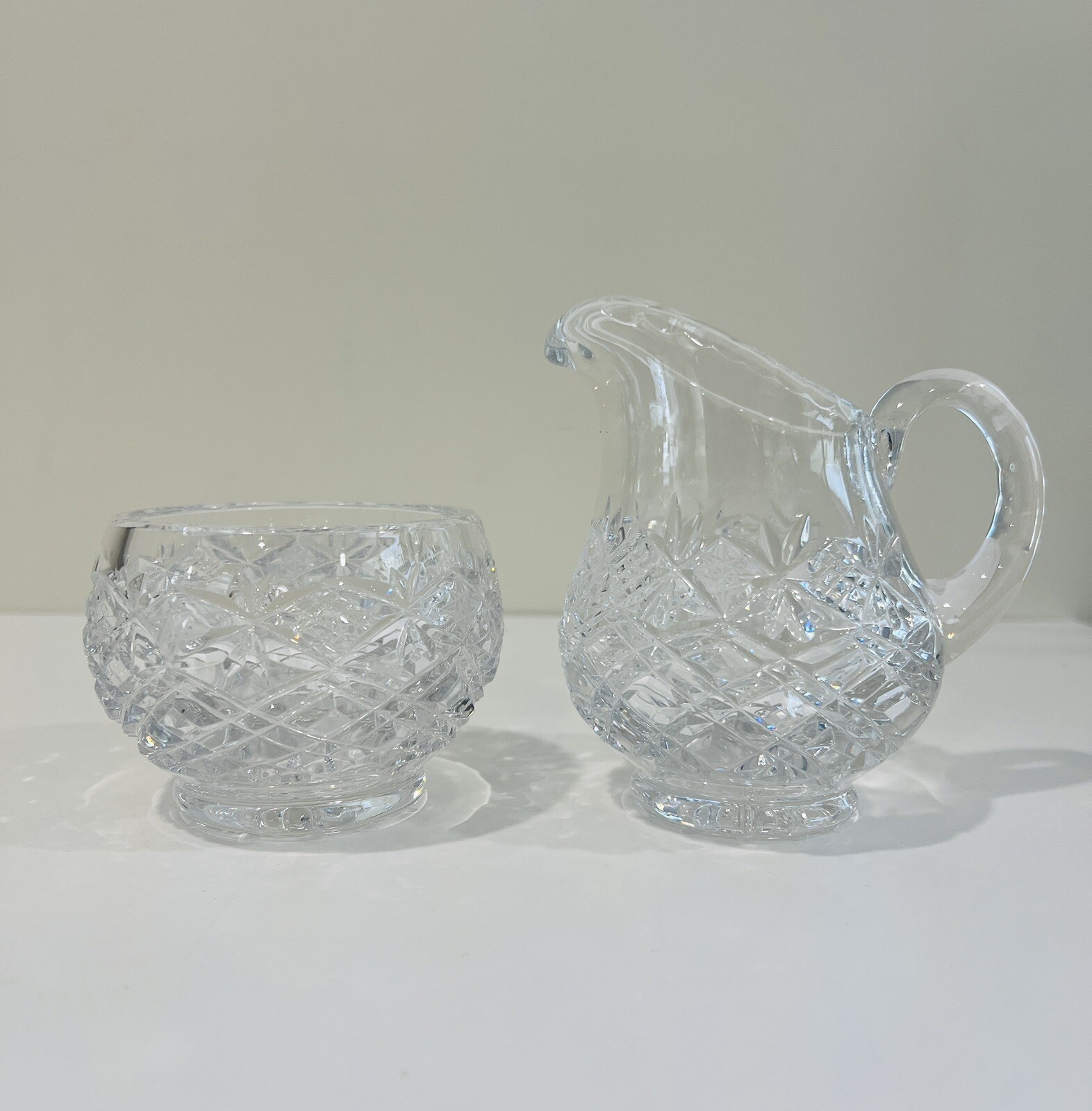 Vintage Cut Crystal Creamer Pitcher & Open Sugar Bowl Set Criss-Cross Pattern