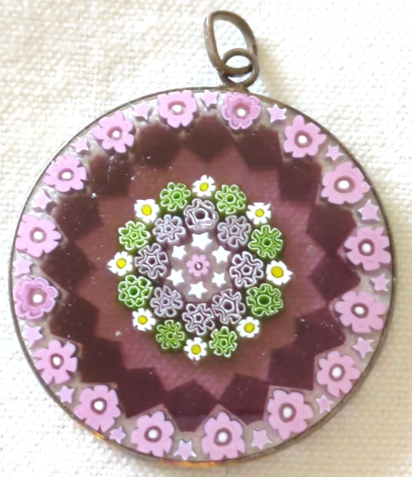 Vintage 1980s Murano 4cm Round Purple Millefiori Venetian Glass Pendant