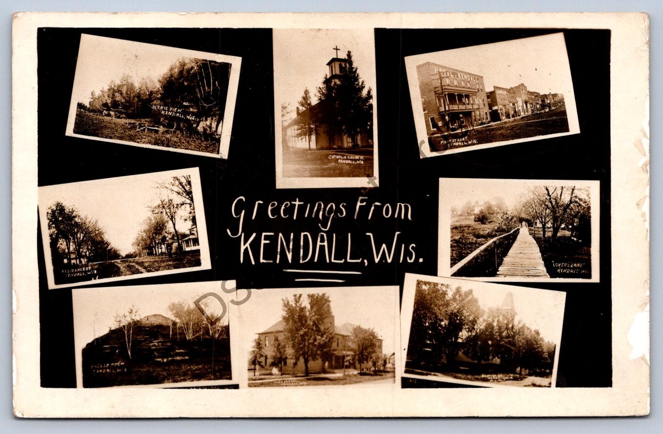 K64/ Kendall Wisconsin RPPC Postcard c1910 8View School Church Main St 19 K64/ Kendall Wisconsin RPPC Postcard c1910 8View School Church Main St 19
