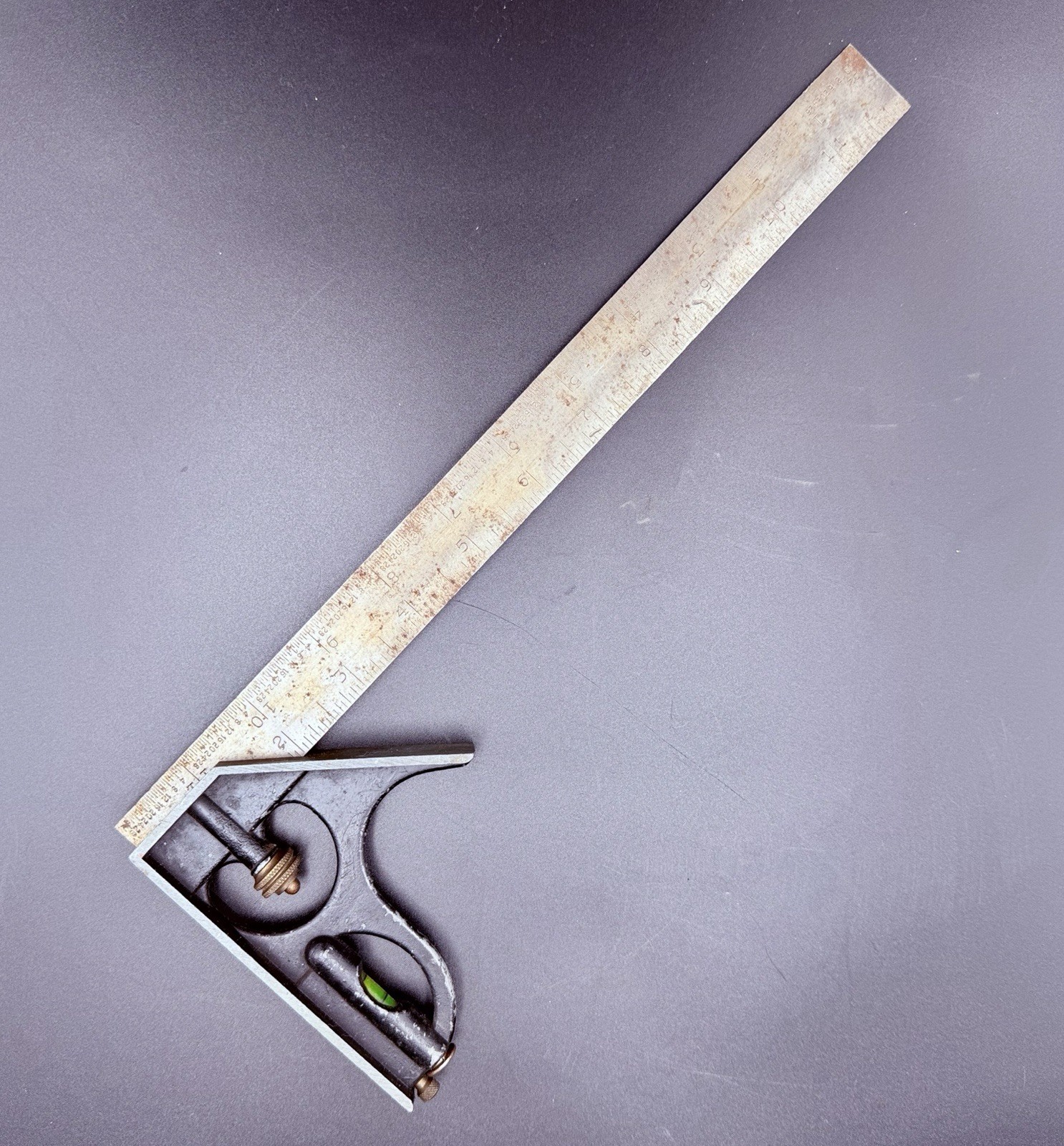 Vintage Combination Square Cast Iron Head Spirit Level Scribe USA 12\