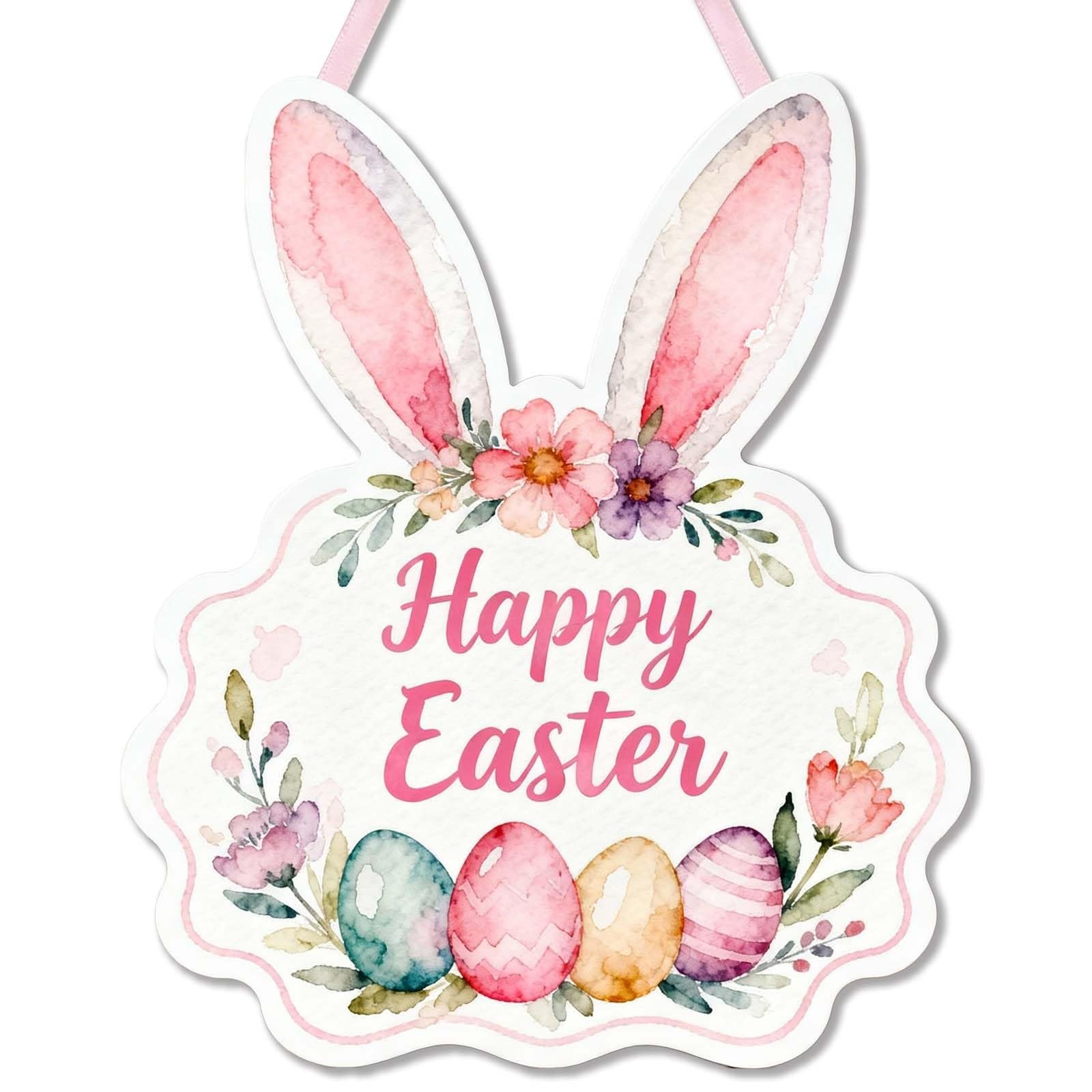 Easter Wreath for Front Door, Happy Easter Bunny Decor - Wooden Welcome Sign ...