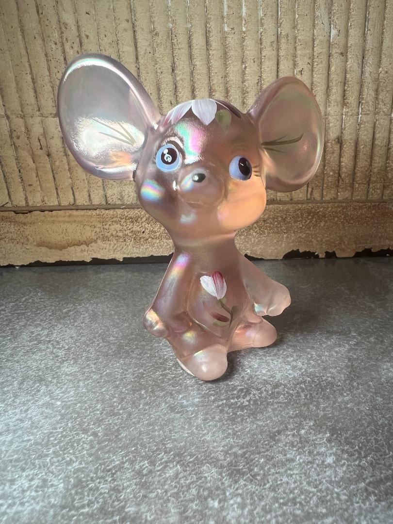 Vintage Fenton Pink Opalescent Mouse with Hand Painted Flowers - Signed w/ Tag