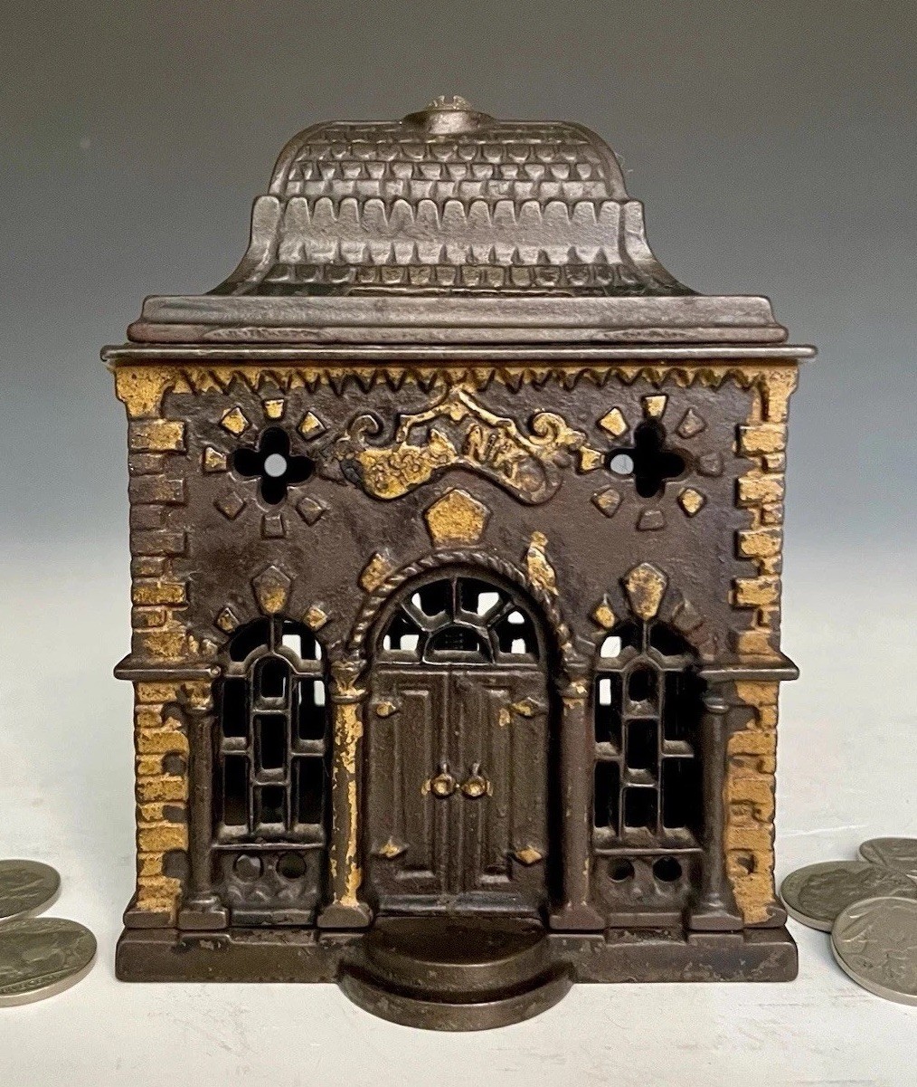 Antique J&E Stevens Cast Iron Still Penny Bank Building, Moore #1122, c.1887