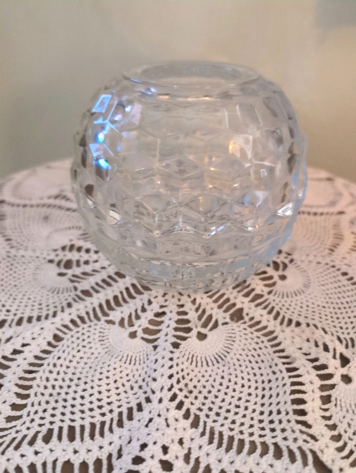 Vtg Homco Fostoria American Cubist Clear Glass Round Fairy Lamp Candle Holder