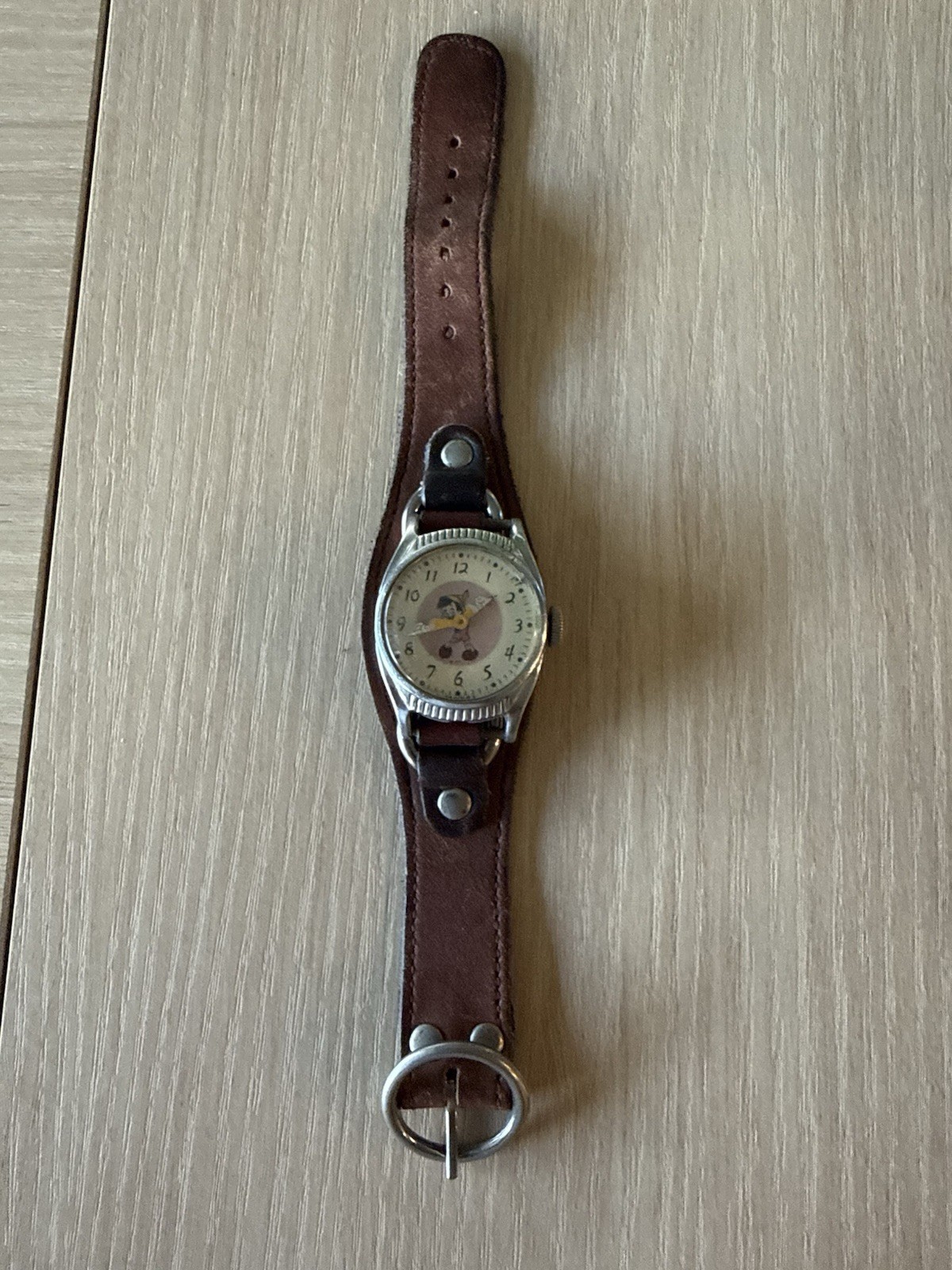 Vintage 1948 US Time Disney Pinocchio Mechanical Watch Leather Cuff Strap Runs
