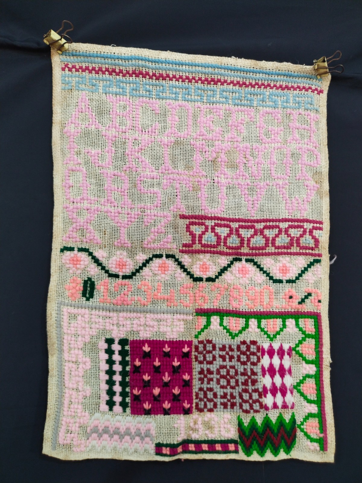 Vintage ABC Embroidered Sampler | Rustic Farmhouse Needlework Art A205