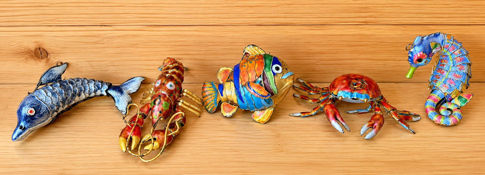 Vintage Chinese Articulated Cloisonne Enamel Sea Life Lot 5 Lobster Seahorse