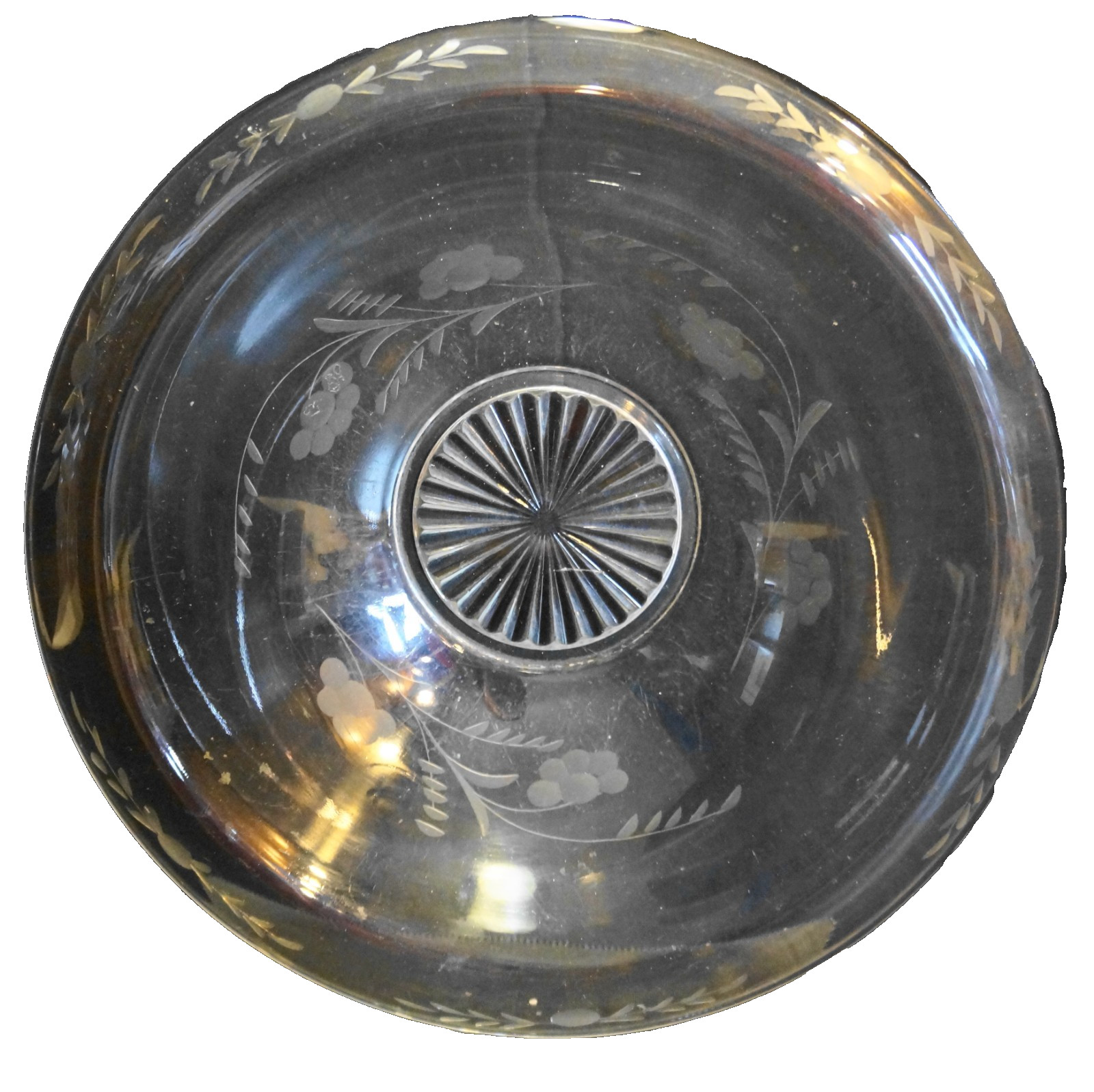 Clear Rolled Rim Gray Floral Cut Depression Glass Serving Bowl