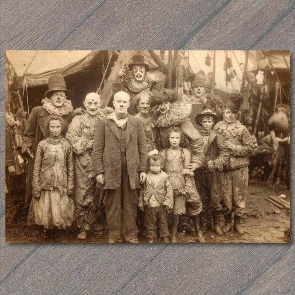 POSTCARD Circus Clown Family Muddy Costumes Tents Carnival Group Portrait