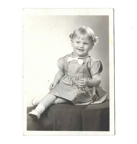 Vintage B&W Studio Photo Cute Smiling Blonde Young Girl With Pigtails Dress Bow