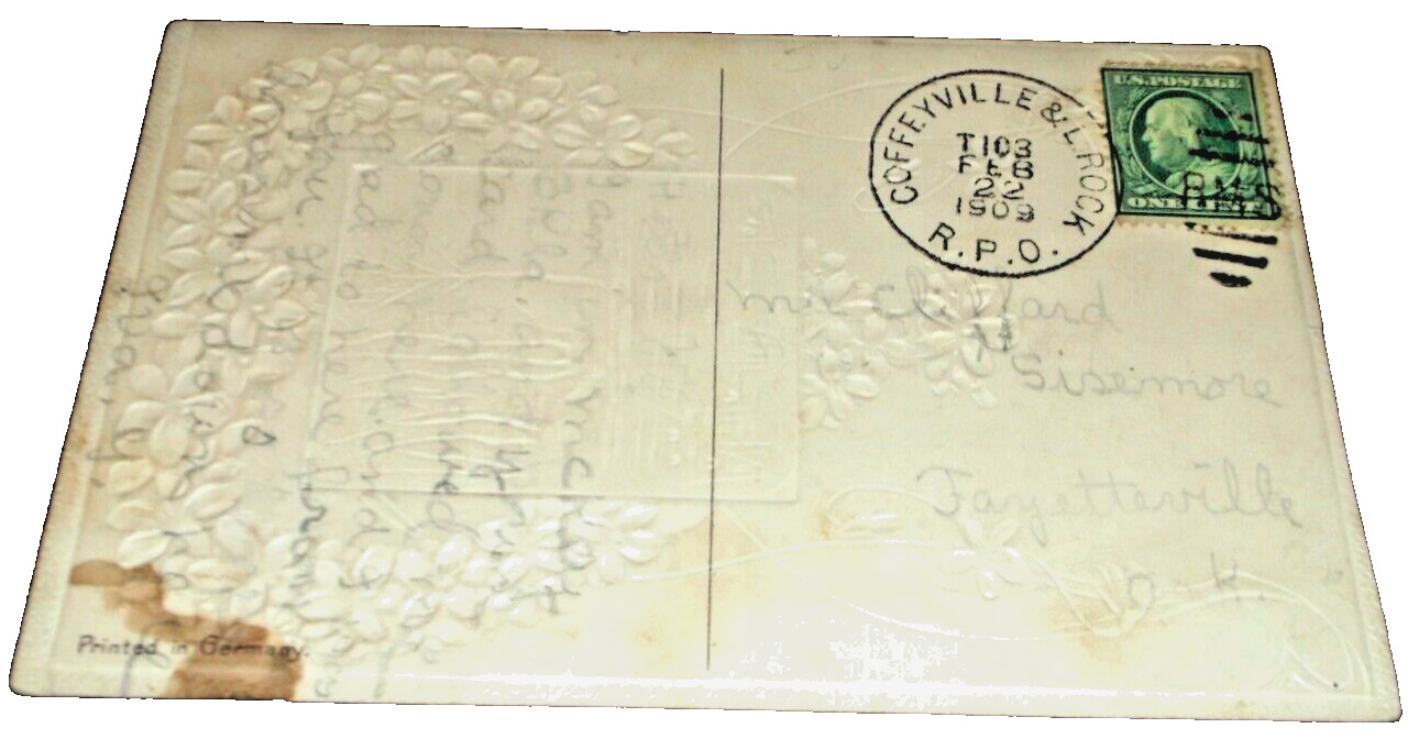 1909 MISSOURI PACIFIC MOPAC COFFEYVILLE & LITTLE ROCK RPO HANDLED POST CARD