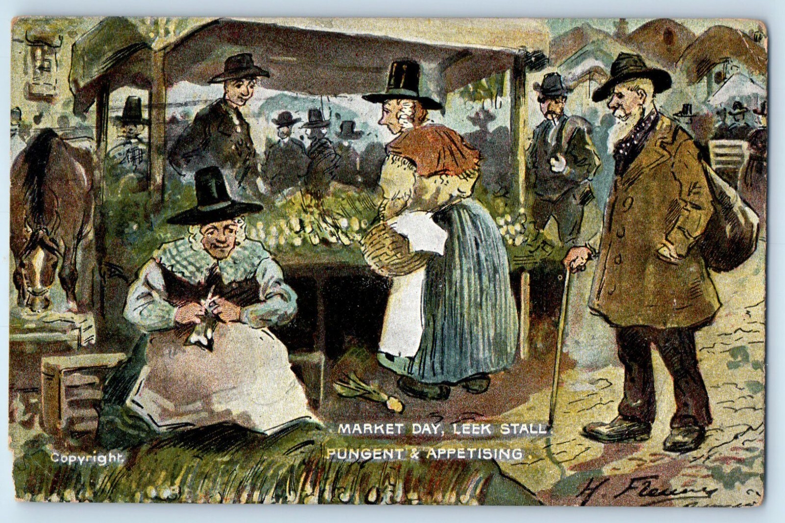 1909 Market Day Leek Stall Fungent & Appetising London Signed Antique Postcard