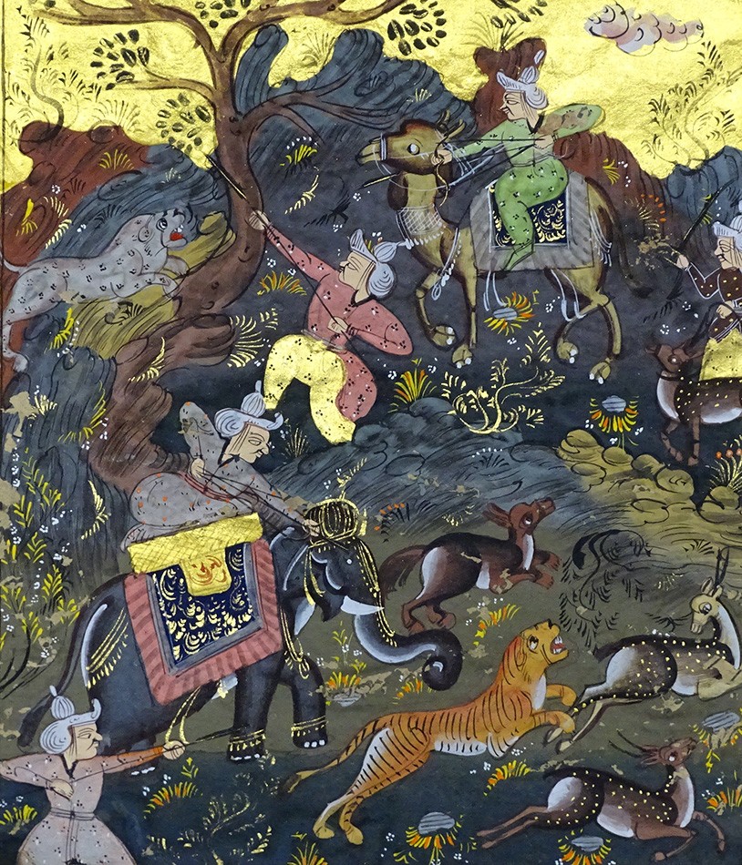 RARE Antique ILLUMINATED MANUSCRIPT Islamic Mughal PAINTING Arabic TIGER HUNT